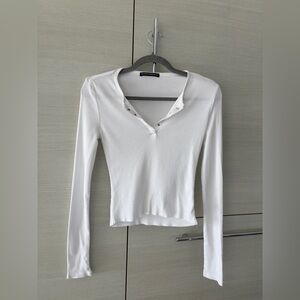 Brandy Melville White Ribbed Long Sleeve with v neck buttons